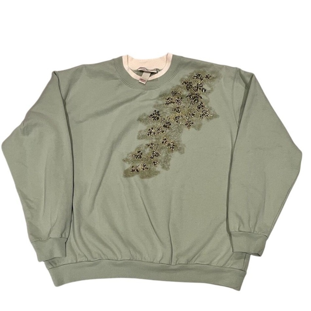 Top Stitch By Morning Sun Sweatshirt Womens Large Green Floral Embroidered